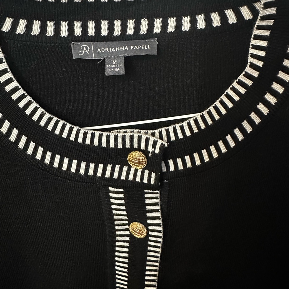 Adrianna Papell Black Cardigan with White Trim and Gold Buttons - Picture 2 of 5